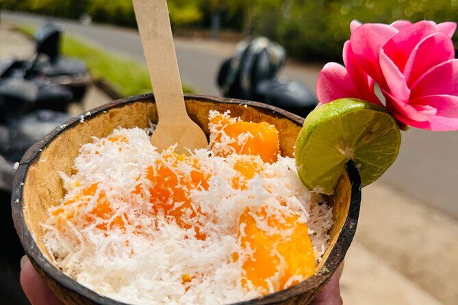 Trip to the heart of Tahaa Safari Mountains in Quad / ATV - Patio fruit stop: tropical tasting and frozen coconut payoff